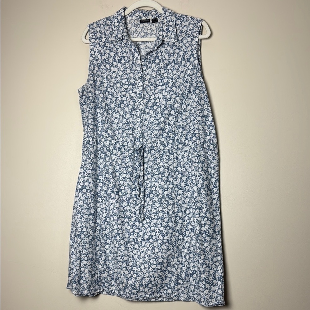 Esmara Blue and White Floral Sleeveless Linen Blend Shirt Dress Size 14